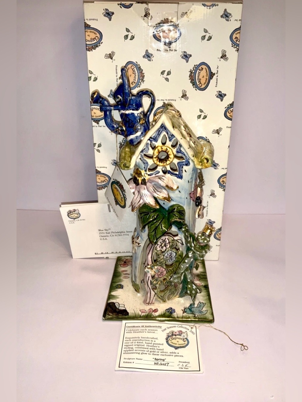 Clayworks Heather Goldminc Spring Birdhouse Sculpture 2001 w COA Box Retired !